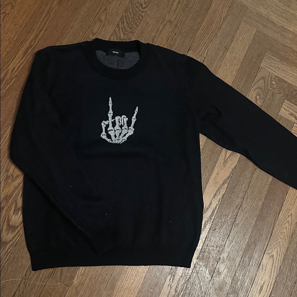 Double Kick - Black Sweater with Skeleton Hand Graphic